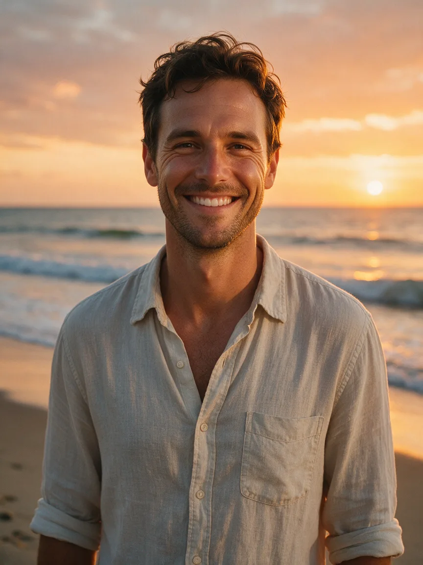 Man in a linen shirt on a beach at sunset, made with the AI background changer