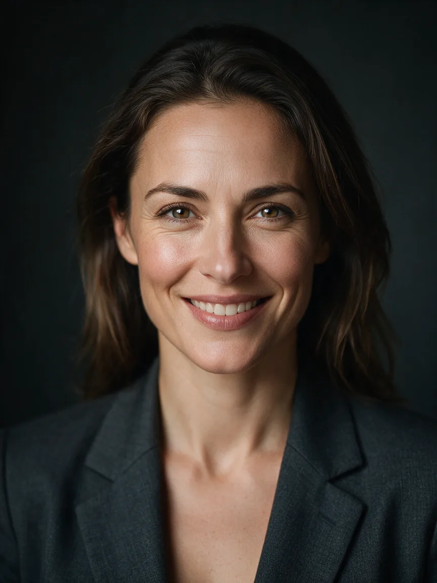Professional headshot of a woman in a grey blazer on a light-grey background, made with the AI headshot generator