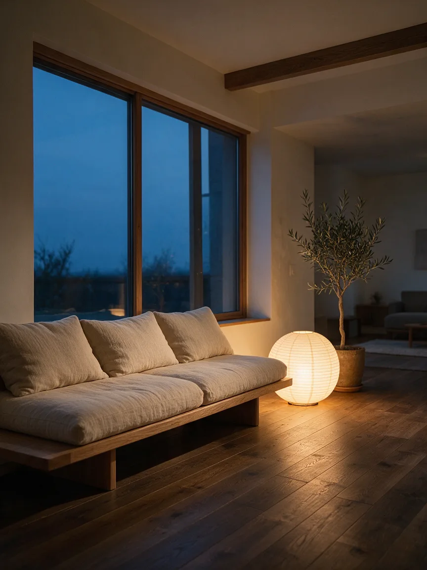 Japandi living room with an oak sofa and paper lamp, made with the AI home design tool