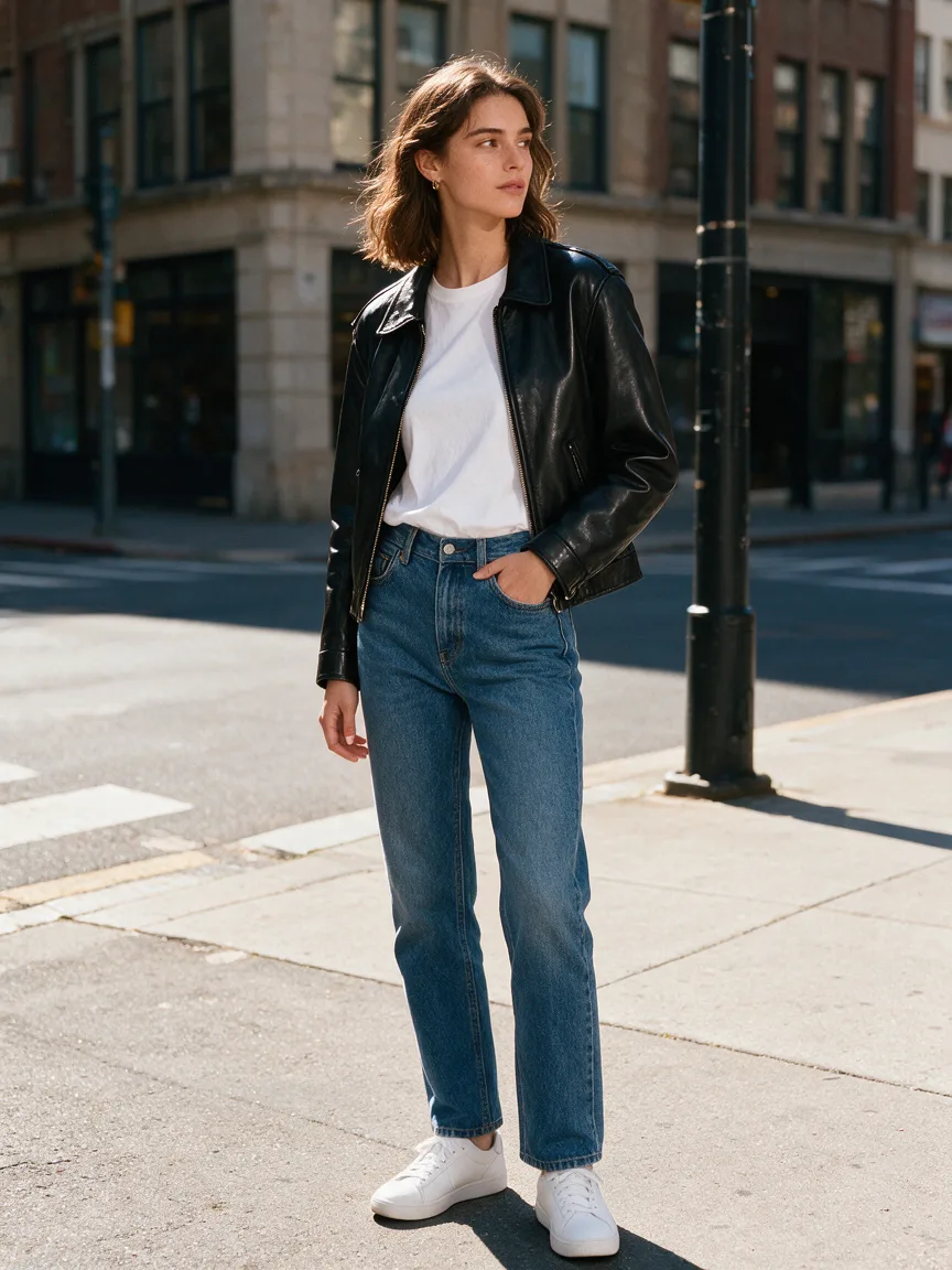Woman in a black leather jacket, white t-shirt and sneakers on a city street, made with the AI outfit changer