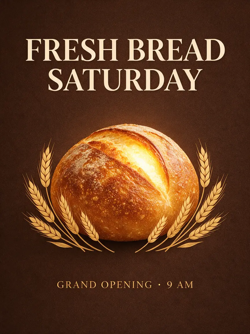 Bakery grand-opening poster with the headline FRESH BREAD SATURDAY, made with the AI poster maker