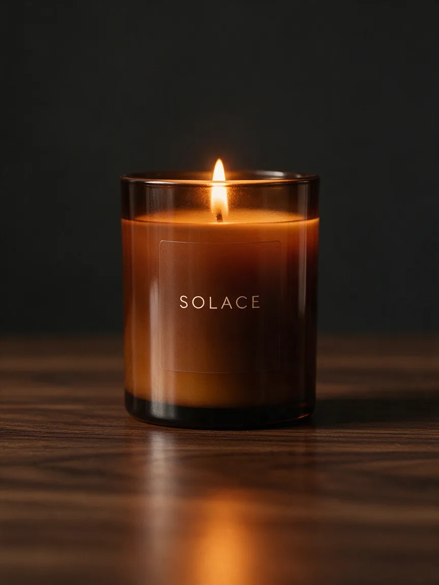 Amber glass candle jar on a white background, made with the AI product photo generator